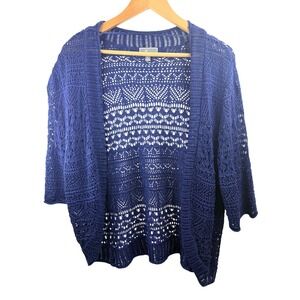 JM Collection Women's Blue Crochet Boho Beachy Chic Knit Open Front Cardigan